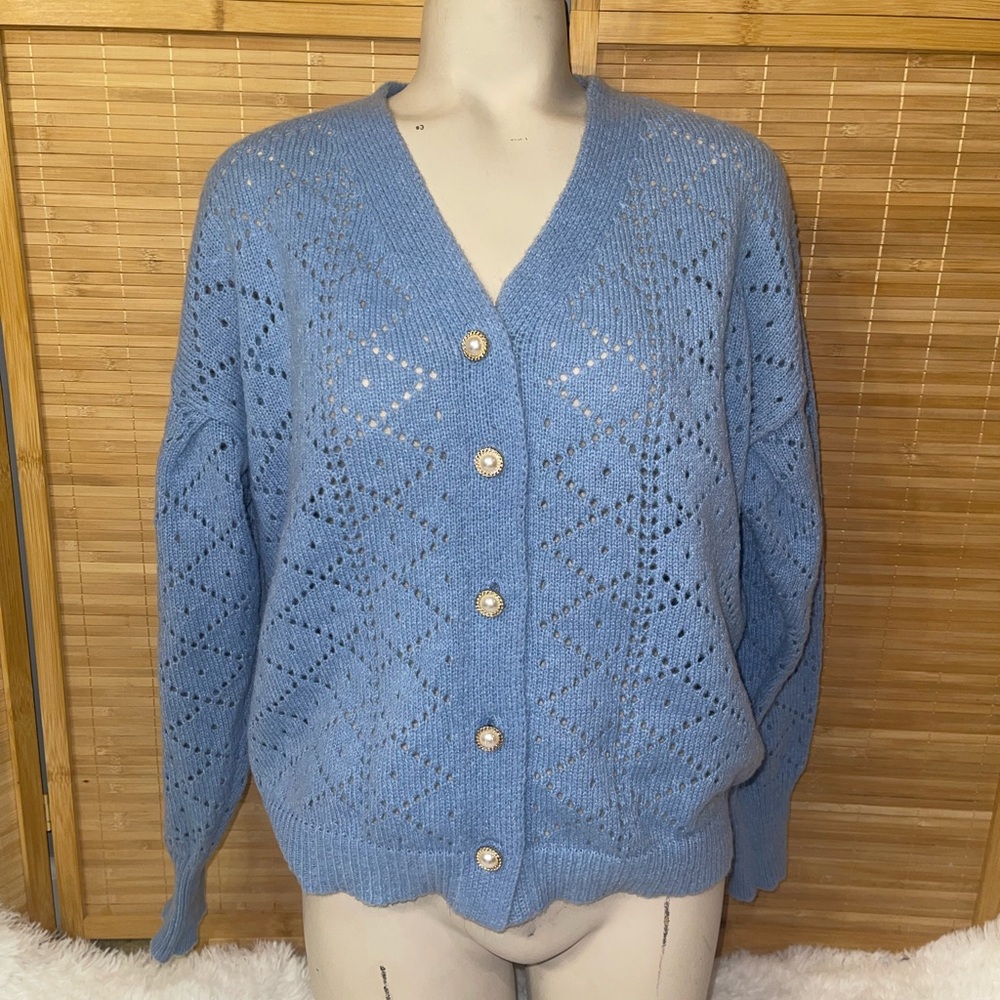 Vintage Nanette Lepore Pearl Button Pointelle Blue Eyelet Cardigan Sweater M